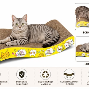 Tiragraffi per gatti a forma di onda in cartone ondulato, mobile per gatti dal design ecologico.