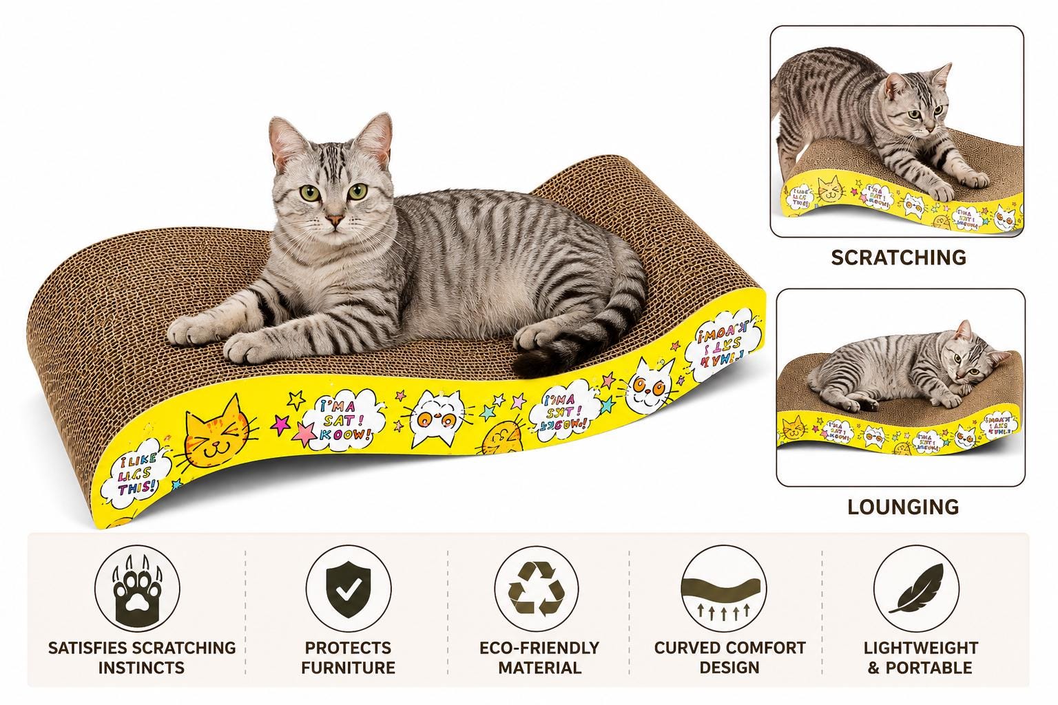 A cat resting inside the curved wave-shaped HABI Sora cardboard scratcher