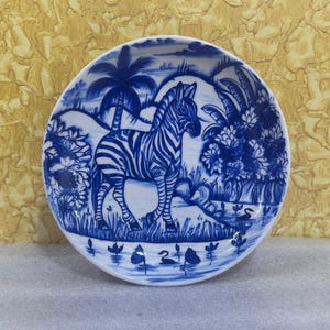 Jaipur Blue Pottery Plate 10 inch Handmade Zebra Safari Wall Art Indian Artisan Pure Handicraft Blue White Decor Gift