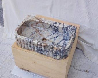 Ready to Ship Calacatta Viola Marble Sink, Fluted Vessel Basin, Handmade Stone Vanity