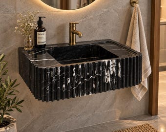 Black Marble Wall Mounted Sink, Fluted Natural Stone Basin, Luxury Bathroom Vanity Washbasin