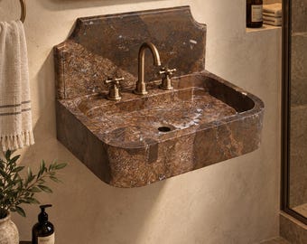 Brown Marble Wall Mounted Sink, Natural Stone Bathroom Basin, Compact Vanity Washbasin