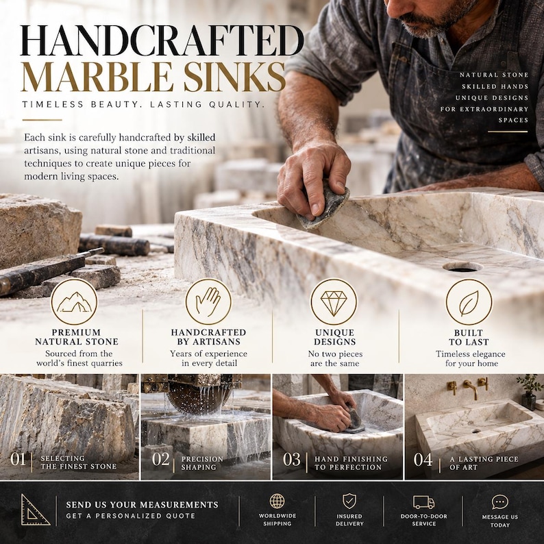 May include: A rectangular marble sink with natural veining, shown in various stages of production including stone selection, precision shaping, and hand finishing. The image includes text reading HANDCRAFTED MARBLE SINKS and details the process.