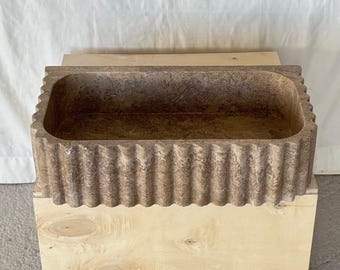 Noce Travertine Fluted Vessel Sink, Hand Carved Stone Vanity Basin, Rectangular Bathroom Washbowl