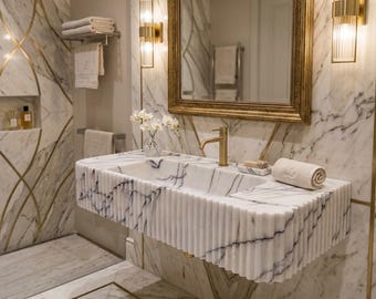 Lilac Marble Bathroom Sink 35x16x6 Fluted Rectangular Natural Stone Basin