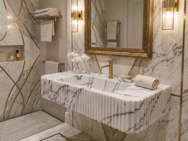 May include: A wall-mounted white marble sink featuring a fluted, ribbed exterior design with dark grey veining. The sink includes a gold-toned faucet, a matching soap dish, and a rolled white towel resting on the flat surface of the basin.