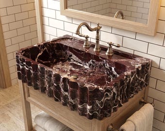 Rosso Levanto Marble Sink, Fluted Red Stone Bathroom Basin, Luxury Wall Mount Vanity