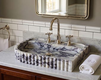 Calacatta Viola Marble Sink, Custom Wall Mount Washbasin, Oval Left Edge Bathroom Basin
