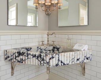 Calacatta Viola Marble Sink, Corner Bathroom Washbasin, Wall Mountable Vanity Basin