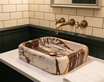 Bianca Foresta Marble Vessel Sink, Handcrafted Rectangular Stone Vanity Basin, Luxury Bathroom Wash Bowl