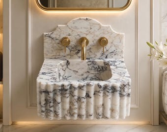 Ready to Ship Calacatta Viola Marble Sink, Grooved Bathroom Basin, Wall Mounted Vanity