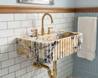 Calacatta Viola Marble Fluted Basin, Handmade Stone Vanity Sink, Wall Mounted Washbasin