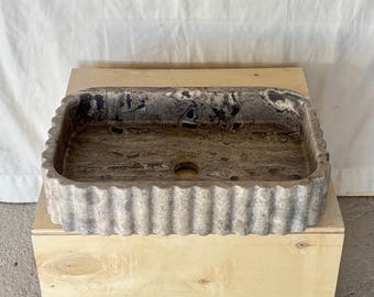 Silver Travertine Fluted Bathroom Basin, Handmade Natural Stone Vanity Sink, Wall Mounted Washbasin