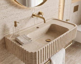 Cream Travertine Sink, 41x76x17.5 cm Bathroom Washbasin, Countertop Vanity or Wall Mount Basin