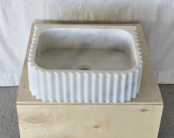 Carrara White Marble Small Sink, Three-Sided Grooved Wall-Mounted or Countertop Wash Basin, Luxury Vanity