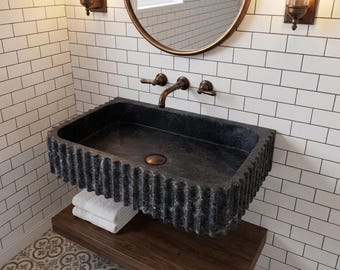 Nero Marquina Black Marble Sink, Fluted Bathroom Basin, Wall Mounted Vanity Sink