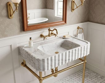Italian Carrara Marble Sink, Hand Carved Grooved Washbasin, Wall Mounted Vanity Basin