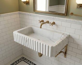 Carrara Marble Fluted Sink, Wall Mount Washbasin, Handmade Stone Vanity Basin