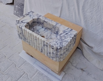 Ready for Shipment,Calacatta Viola Marble Fluted Rectangular Vessel Sink, Luxury Natural Stone Countertop