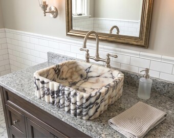 Calacatta Viola Marble Washbasin, Grooved Square Bathroom Sink, Countertop Vanity Basin