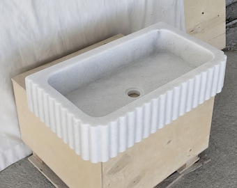 Carrara Marble Fluted Bathroom Sink, Handmade Natural Stone Sink, Luxury White Marble Washbasin