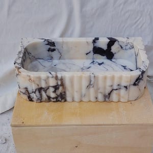 Ready for Shipment, Handmade White Marble Vessel Sink, Luxury Rectangular Stone Bathroom Sink, Fluted Countertop Vanity Basin