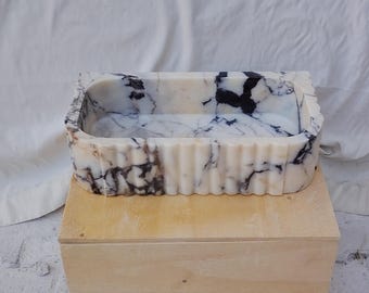 Ready for Shipment, Handmade White Marble Vessel Sink, Luxury Rectangular Stone Bathroom Sink, Fluted Countertop Vanity Basin
