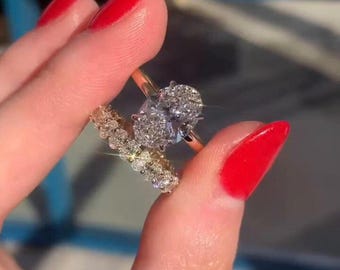 Conjunto de anillos de boda con moissanita ovalada de 3 quilates, conjunto de anillos de oro macizo de 14 quilates con moissanita ovalada, anillos de boda de eternidad completa, regalos de aniversario