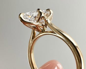 Tulip Set Marquise Cut Lab Grown Diamond Engagement Ring, Solid Gold Solitaire Cathedral Ring, Affordable Ring