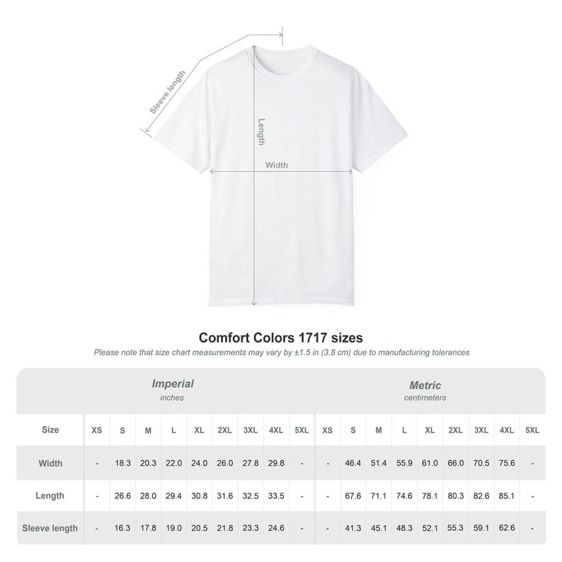 A size chart for t-shirts, showing imperial and metric measurements for width, length, and sleeve length across various sizes.