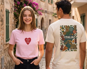 Italy Shirt, Travel Icons Tee | Unisex Crew Neck | Oeko-Tex Certified Cotton, DTG Illustration
