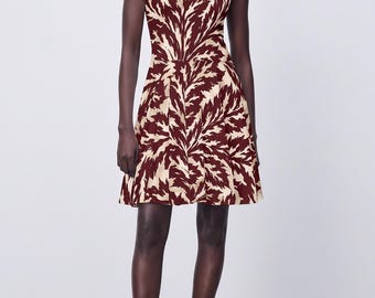 Burgundy Skater Dress with Leaf Swirl Print - Scoop Neckline Midi