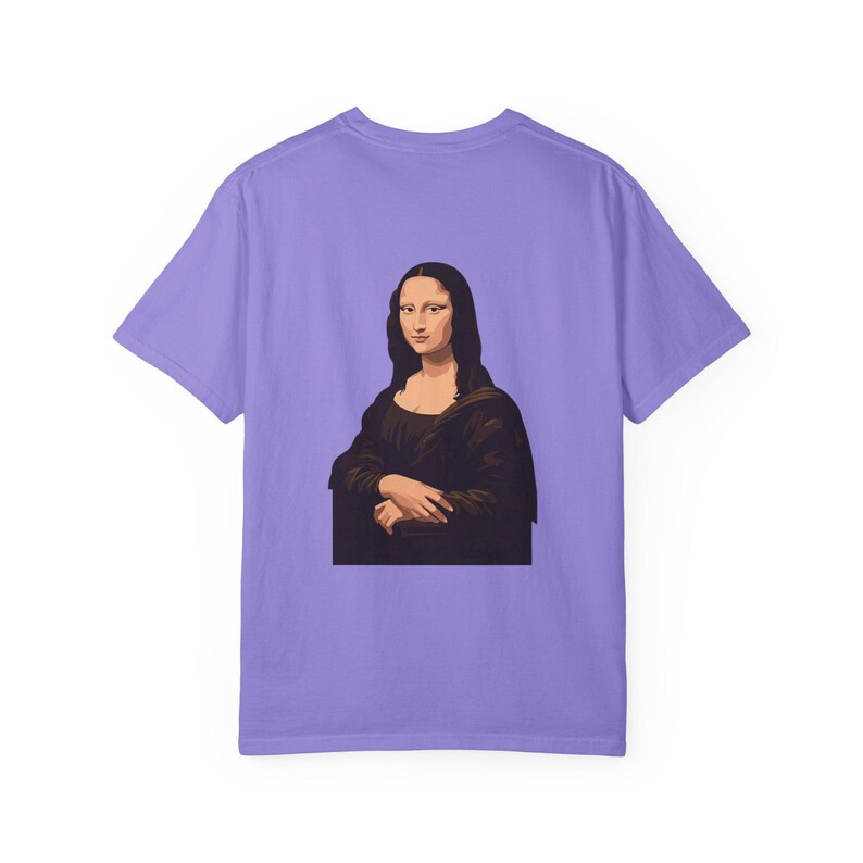 The back of a purple t-shirt shows a graphic of the Mona Lisa portrait.
