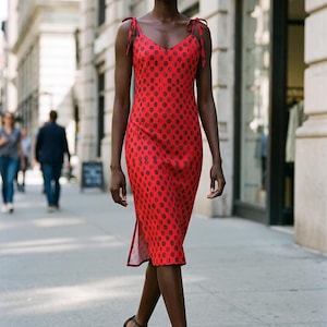 Red Midi Dress with Zebra Chiffon, Adjustable Tie-Straps and Side-Slit