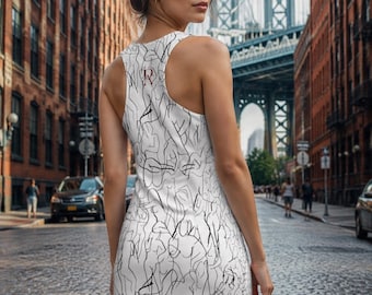 Racerback Dress with Minimal Line Figures, Lightweight Polyester Design