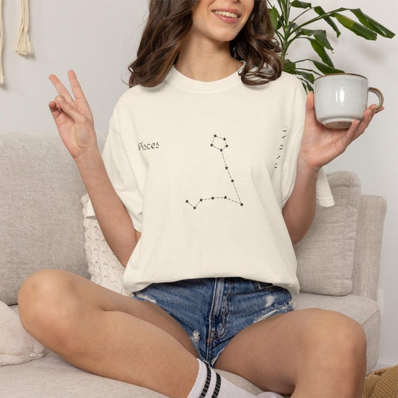 Pisces Constellation T-Shirt: Zodiac Star Map, Garment-Dyed Cotton