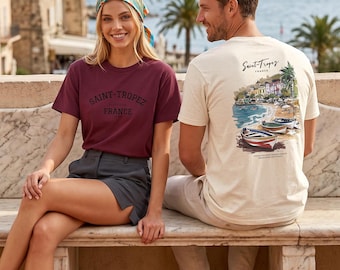 Saint Tropez Tee with Coastal Boat Artwork - 100% Cotton, Relaxed Fit