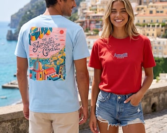 Amalfi Coast Shirt | Coastal Illustration Cotton Tee with Vintage Artwork