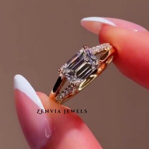 Emerald Cut Moissanite Engagement Ring, 14k Yellow Gold Split Shank Halo Bridal Ring