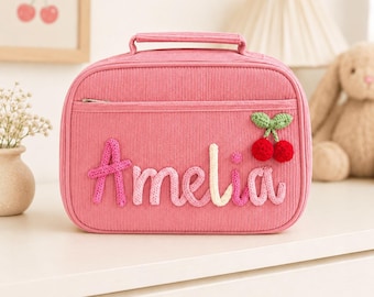 Bolsa de almuerzo de pana personalizada, bolsa de almuerzo con nombre personalizado, linda lonchera para la escuela, el trabajo, los viajes o como regalo.