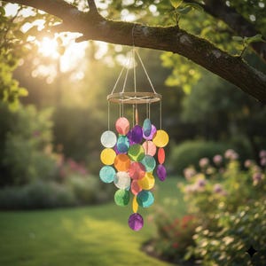 Handmade Rainbow Capiz Shell Wind Chime -Colorful Coastal Hanging Mobile for Patio, Porch & Garden Decor