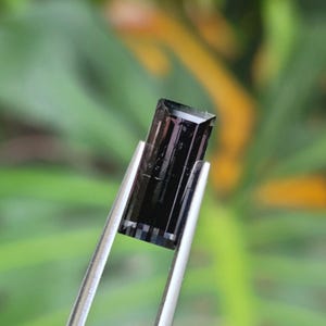 Puede incluir: Una gema rectangular y oscura sostenida por pinzas plateadas. La gema es de color negro intenso con sutiles estrías internas. El fondo es un verde y naranja suave y borroso.