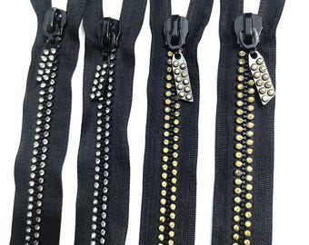 Rhinestone Zipper, Black Decorative Crystal Zippers (16 inch)