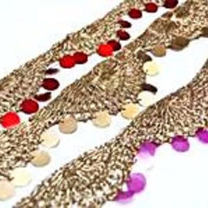 Bordo in pizzo all'uncinetto, bordo smerlato, applicazioni di paillettes, pizzo, punto zari, bordi decorativi indiani