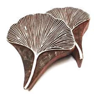May include: Two dark brown wooden printing blocks, each carved with a detailed ginkgo leaf design. The raised surfaces of the leaves are flat and smooth, while the recessed areas show the natural texture of the wood grain in a deep brown tone.