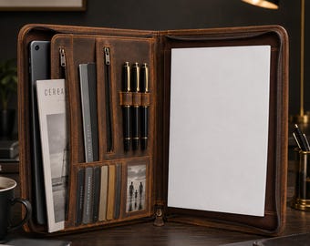 Personalized Leather Briefcase, Custom Engraved iPad Laptop Sleeve, Cowhide Leather Portfolio Bag, A4 Document Organizer, Business Gift