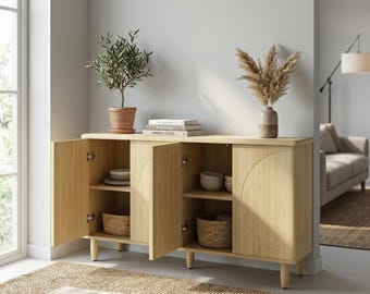Modern White Buffet Sideboard Cabinet with Patterned Doors and Shelves