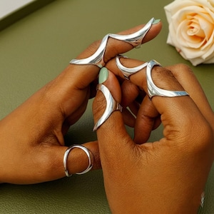 May include: A collection of silver rings adorns a person's fingers. The rings feature unique, curved designs, with some extending over the knuckles. One ring is a simple band. The background includes a green surface and a pale rose.