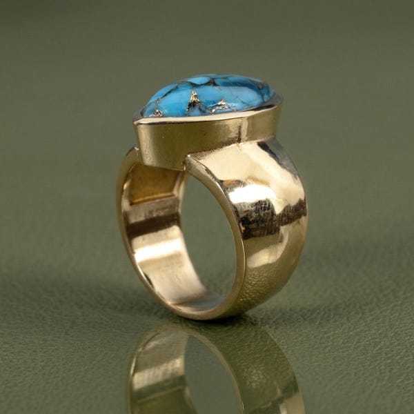 Vintage Gold Turquoise Ring, Marquise Mosaic Statement Ring, Retro Wide Cutout Band Jewelry