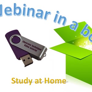 May include: A graphic with the text "Webinar in a box" and "Study at Home". A purple USB drive with text "Chevrons technique video tutorial" is next to a green box with the same text. The box is open, with light emanating from within.